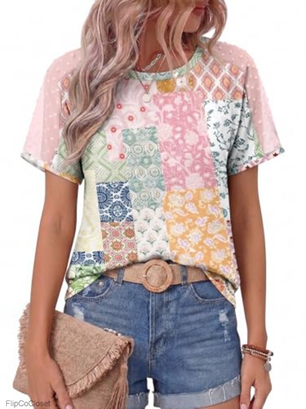 Women's Swiss Dot Mesh Sleeve T-Shirt Semi Sheer Crew Neck Top